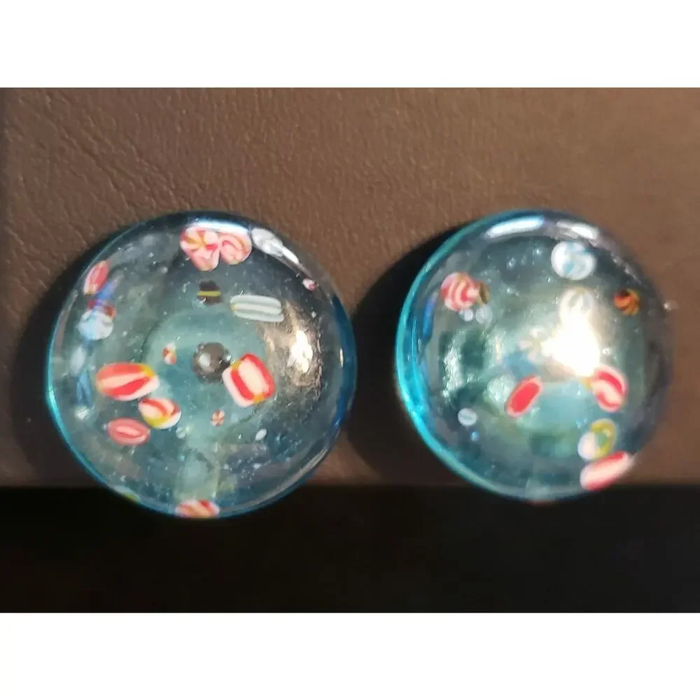 Vintage Blue Embedded Millefiore Lucite Clip-On‎ Earrings- Colorful Retro bcl-22